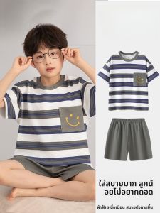 Miiow | Pure Cotton Breathable Summer Pajamas For Boys Childrens Home Clothes Set Absorbent And Breathable Short Sleeve Round Neck Short Pants