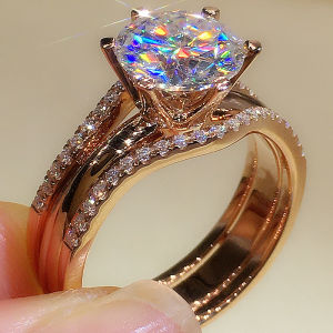 Huitan Luxury Rose Gold Color Cubic Zirconia Rings for Women Aesthetic Wedding Engagement Bands Accessories New Trendy Jewelry