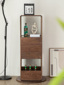 Nordic Solid Wood Bookcase Simple Modern Living Room Sofa Rotating Side Cabinet Black Walnut Creative Floor Standing Shelf