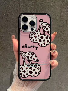 Transparent Black Edge Acrylic Phone Case for Apple 16Promax Magnetic Leopard Print Cherry Design Girls Style Cute Sweet Trend