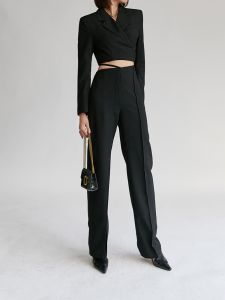 Asymmetric High Waist Wide Leg Pants for Women Black Casual Trousers Multi-Piece Fold Design Street Style Spring 2025 New Arrival