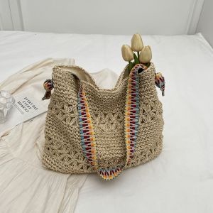Large Capacity Straw Woven Tote Bag Womens Summer Beach Vacation Single Shoulder Commuter Bag Korean Style Soft Handbag