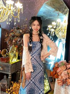 Chiffon Ethnic Long Dress with Strap and Open Back for Women High Waist A-Line Skirt for Summer Travel and Beach Outfit in Blue
