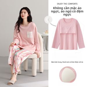 MiiOW | Bộ đồ ngủ cotton nguyên chất cho nữ tay dài dáng rộng có đệm ngực mặc ở nhà thoải mái mùa thu xuân hè MiiOW Cat Person