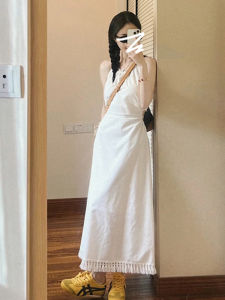 ZHENMANZI | Halter White Sleeveless Maxi Dress