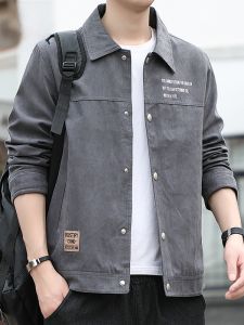 ROMON | Romon Mens Casual Loose Collar Denim Jacket Fashionable Urban Style Standard Fit Long Sleeve Windproof Outerwear For Autumn