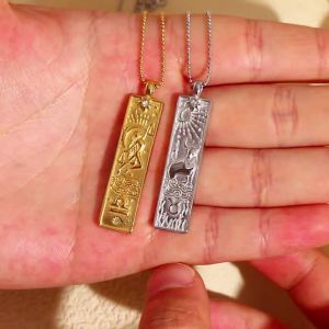E.B.belle Classic Twelve Zodiac Rectangular Pendant Thin Beaded Chain Necklaces for women trendy womens stainless steel jewelry