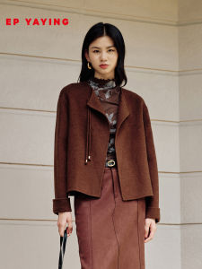 Double-Faced Woolen Short Coat by EP YAYING Elegant Lady Commute Style 93.7% Wool 6.3% Cashmere Long Sleeve Stand Collar