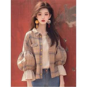 Ole Discount Store Big Sale Unique Small Classic Style Contrast Color Light Brown Puff Sleeves Gingham Outwear Female Spring & Fall