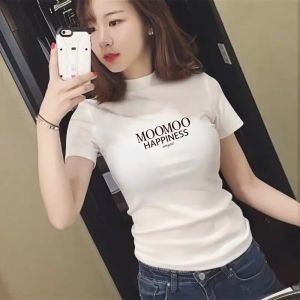 Half Turtleneck White T-Shirt Womens Short Sleeve Silm Pure Cotton Inner Bottoming Shirt Summer Small Turtleneck Tight Tops Thin