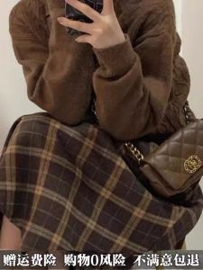 plus Size Womens Retro Plaid Woolen A-Line Mini Skirt High Waist Casual Versatile Umbrella Skirt Autumn Winter New Style