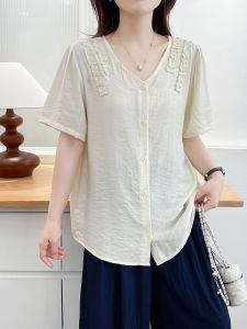 เสื้อเชิ้ตแขนสั้นผ้าลินินสำหรับผู้หญิงในช่วงฤดูร้อน เสื้อเชิ้ตแขนสั้นทรงหลวมๆ สไตล์เกาหลี คอกลม ปกติ