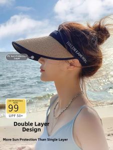 Womens Summer UV Protection Straw Sun Hat Wide Brim Beach Riding Face Covering Fashionable Empty Top Hat Casual Style