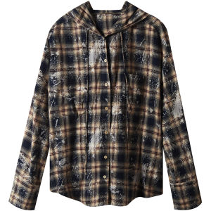 SOLWEIGE | SOLWEIGE Original Design 3D Embossing Process Vintage Plaid Hooded Shirt Jacket Long Sleeve Polyester Cotton Recycled Fiber