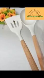 SPARK CART 3PCS White Silicone Kitchenware Cooking Utensils Set Wooden Handle Non-Stick Spatula