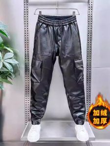 Mens Fleece Lined Windproof Harlan Loose Workwear Motorcycle Riding Leather Pants Straight Leg Long Trousers PU Leather