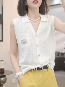 Shalldoer | Áo len dệt kim mỏng thời trang cho nữ mùa hè rộng rãi không tay cổ chữ V màu trơn thường ngày phong cách Hàn Quốc thường ngày