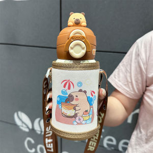 Dual-Cover Dual-Use Childrens Straw Thermos 304 Stainless Steel Water Cup Student Female Baby Kindergarten Cute Water Bottle