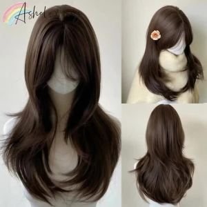 Ashely Brown Wig for Women Headband Body Wave Synthetic Wigs with Curtains Bangs High Quality Hair Wig for Daily Use парик 가발