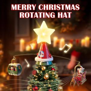 1set Christmas Tree Top Hat Rotating sled With Music& Light(TYPE-C) 2026 New Year Xmas tree Santa Claus decor kids/adult Gift