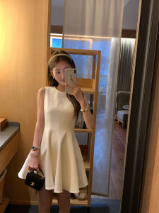 Pusumede Black Sleeveless Vest Dress Womens High Waist A-Line Mini Skirt round Neck Summer Fashion Sensation Polyester Blend