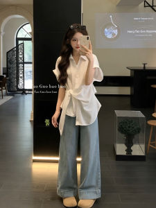 XUECAIQI | Summer Korean Style Laid-back Wear White Tie-front Shirt Jeans Set