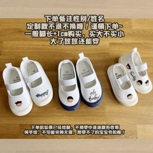 Spring Autumn Childrens Canvas Shoes Nursery Indoor Magic Tape White Shoes Boys Girls Name Writing Cute Cartoon Rubber Sole