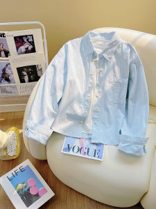 Blue Short Sleeve Long Shirt Womens Spring Autumn 2025 New Small Size Inner Wear Layer Pure Cotton Shirt Design Sense Top