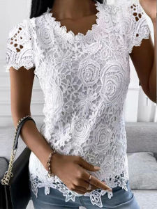 Lace Crew Neck Short Sleeve Top Womens Street Style Printed T-shirt Polyester Straight Cut Summer Fashion for Young Women