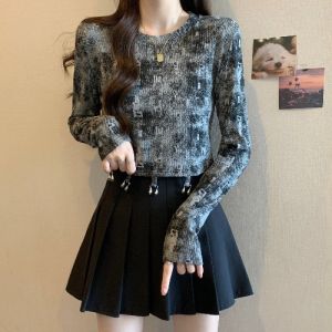 Chic Tie Dye Long Sleeve T Shirt Women plus Size Slim Short Style Inner Wear Base Shirt Top for Autumn Commute Straight Cut