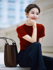 Red Knitted Short Sleeve Base Shirt Half High Collar Slim Fit T-Shirt Women Casual Style Spring Season Pure Color Top