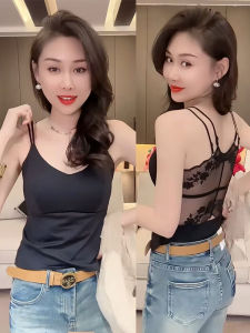 Spring 2024 Womens Lace Splice Double Strap Ice Silk Slimming Versatile Backless Vest Fashionable Casual Style Regular Length