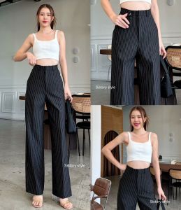 กางเกงขากระบอกกลางลายริ้วผ้าโรเชฟเนื้อผ้าดีมีน้ำหนักทิ้งตัวหนานุ่ม