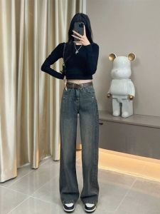 กางเกงยีนส์ทรงหลวมเอวสูงขาตรงสำหรับผู้หญิง กางเกงขายาวทรงหลวมสไตล์ย้อนยุคสำหรับฤดูใบไม้ผลิและฤดูใบไม้ร่วง