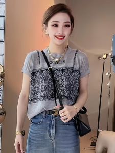 Chic Short Sleeve T-Shirt Womens Fashionable Stylish Age-defying Top Mommys Summer New Arrival Cotton Polyester Blend round Neck