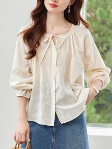 Spring 2025 Womens Pure Cotton Long Sleeve Shirt V-Neck Knot Fashionable Youthful Korean Style Loose Fit Warmth Comfortable