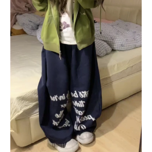 Retro American Printed Letter Loose Womens Casual Pants High Waist Elastic Wide Leg Anti-Pilling for Casual Wear