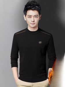 ROMON | Lormen Mens Knitted Sweater Thickened Fleece Round Neck Casual Warm Base Layer Shirt Fashionable Business Casual Style