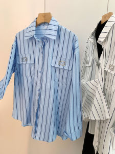 AMILUCK | Blue Striped Shirt Womens Autumn New French Design Sensation Elegant Long Sleeve Casual Loose Fit Button Up Cotton Blend Top
