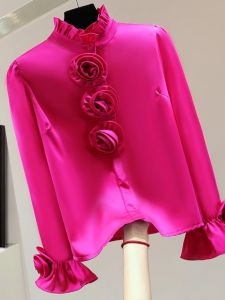 Casual Long Sleeve High Collar Bright Surface Shirt Loose Fit Korean Style Heavy Work Flower Print Slimming Solid Color Shirt