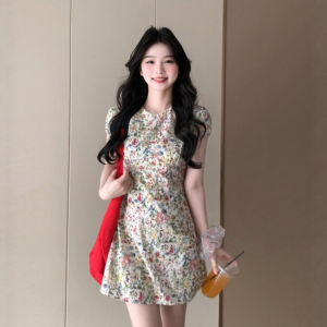 CHANGTONG | Retro Floral Teahouse Slimming Dress for Petite Summer
