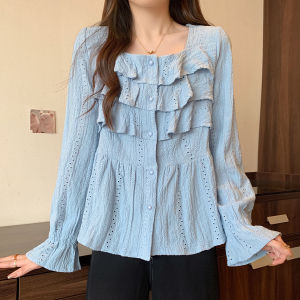 Áo Sơ Mi Nữ Dáng Rộng Tay Dài Cổ Vuông Thiết Kế Kiểu Pháp Mùa Xuân Thu Cỡ Lớn Che Bụng Thon Gọn