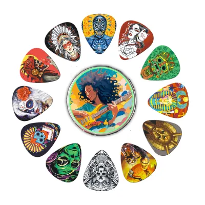 12PCS Unique Colorful Printed ABS Guitar Picks Set with Metal Box Durable Plectrums for Electric & Bass Guitar Accessories Gift