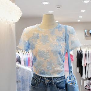 เสื้อยืดคอตตอนสั้นพิมพ์ลายแฟชั่นฤดูร้อน ทรงเข้ารูป แขนสั้น คอตตอนผสม ผ้าตาข่าย ดีไซน์เรียบง่าย เสื้อยืดผู้หญิง