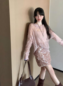 XUECAIQI | All Match Lace Hollow-out Slimming Long Sleeve Shirt Sparkle Skirt Set