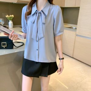 Kemeja Wanita Lengan Pendek T-shirt Longgar Atasan Pakaian Kerja Dengan Dasi