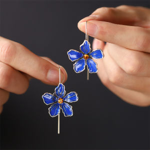 Exquisite Blooming Blue Flower Long Hook Earrings for Women Fine Jewelry Orange Crystal Wedding Engagement Gift