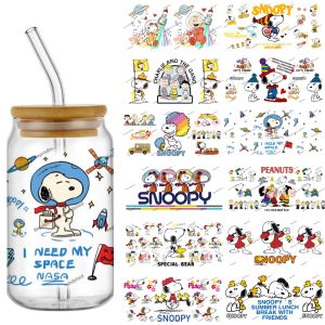 Newest 30 Design Popular Cute Snoopy 16oz UV DTF 3D Stickers Decals Libbey Glass Cup Mug Coffee UVDTF Craft DIY Birthday Gift