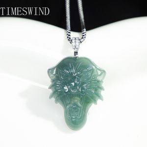 TIMESWIND Natural Original A-type Jade Blue Water Leopard Head Three-d Animal Pendant Men Titanium Steel Necklace with Certificate