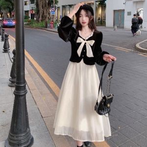French Red Plaid Butterfly Knot Fake Two-Piece Dress Long Sleeve Waist-Cinching Midi Skirt Autumn 2023 Elegant Commute Style